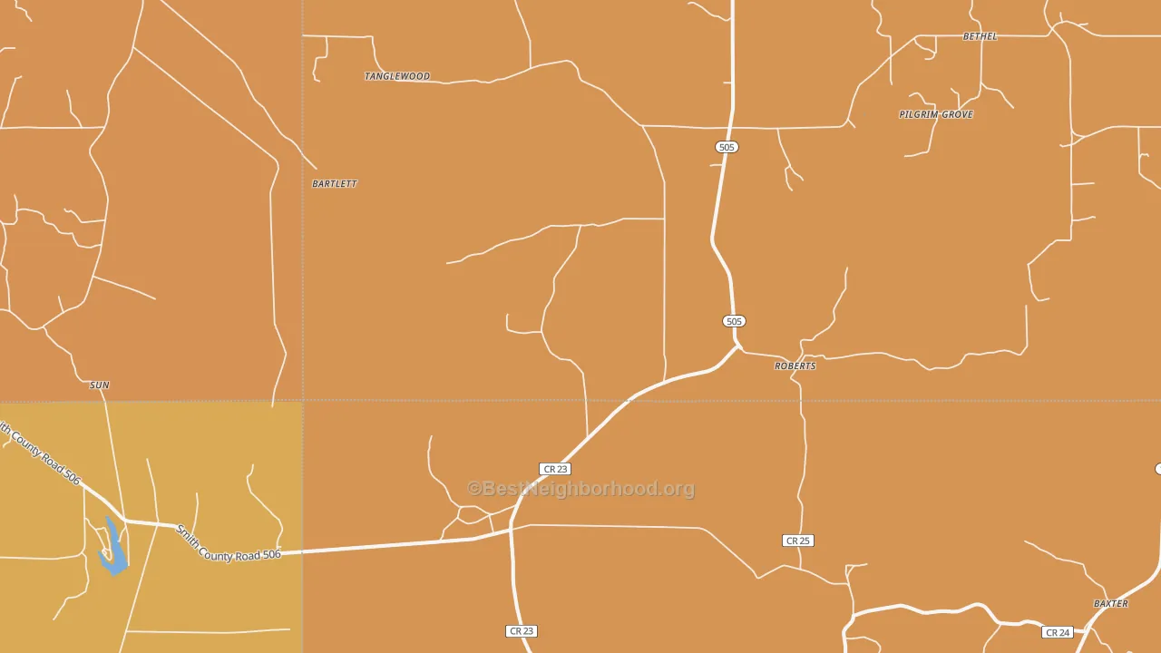 Map of the best neighborhoods in the Roberts area, with better matches in green and worse matches in red