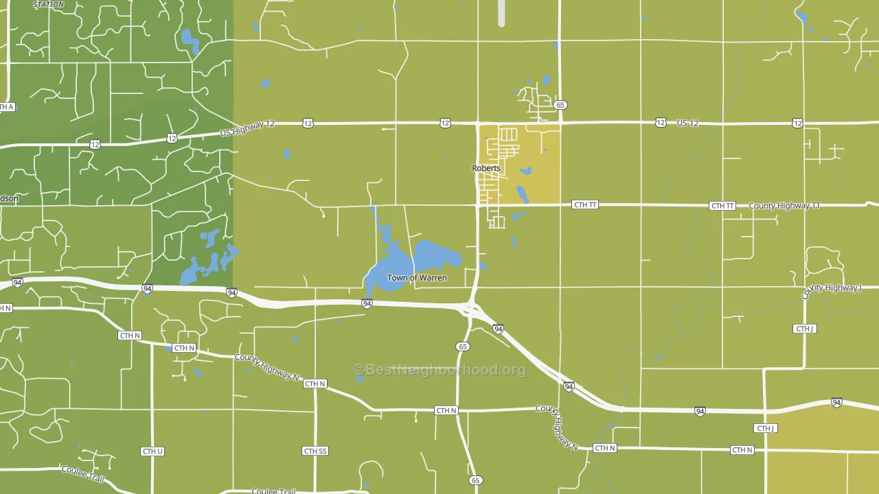 Map of the best neighborhoods in the Roberts area, with better matches in green and worse matches in red