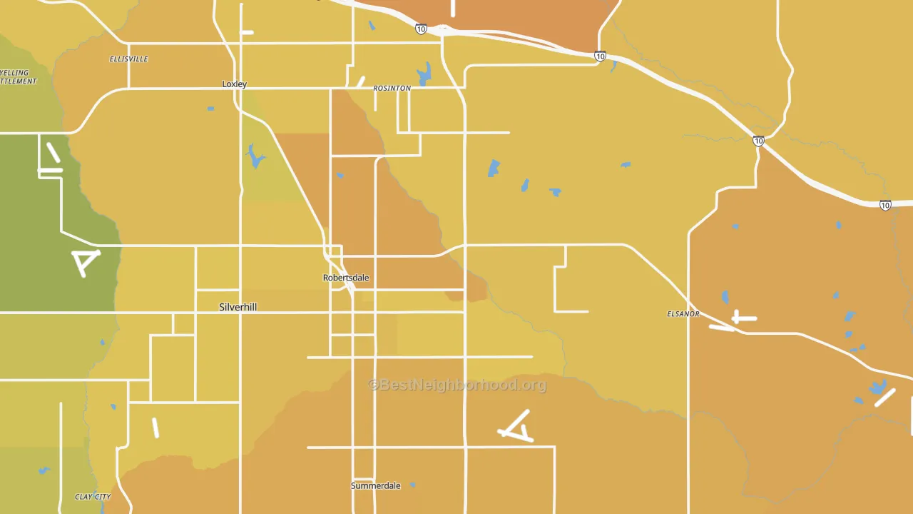 Map of the best neighborhoods in the Robertsdale area, with better matches in green and worse matches in red