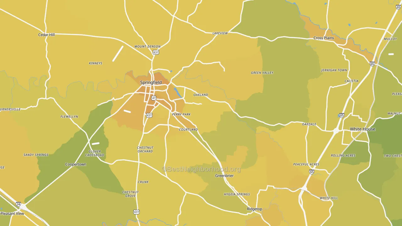 Map of the best neighborhoods in the Robertson County area, with better matches in green and worse matches in red