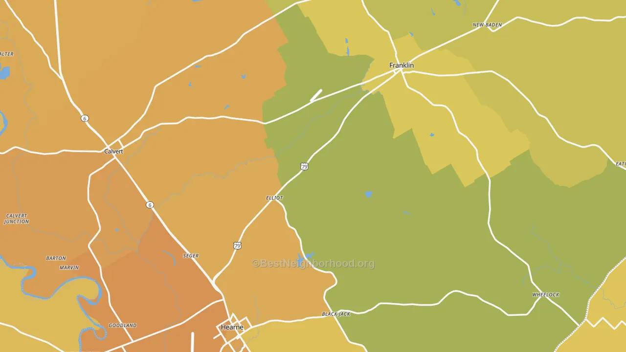 Map of the best neighborhoods in the Robertson County area, with better matches in green and worse matches in red