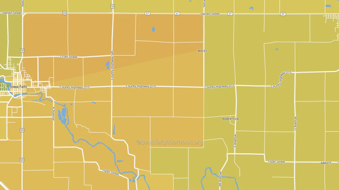 Map of the best neighborhoods in the Robertson area, with better matches in green and worse matches in red