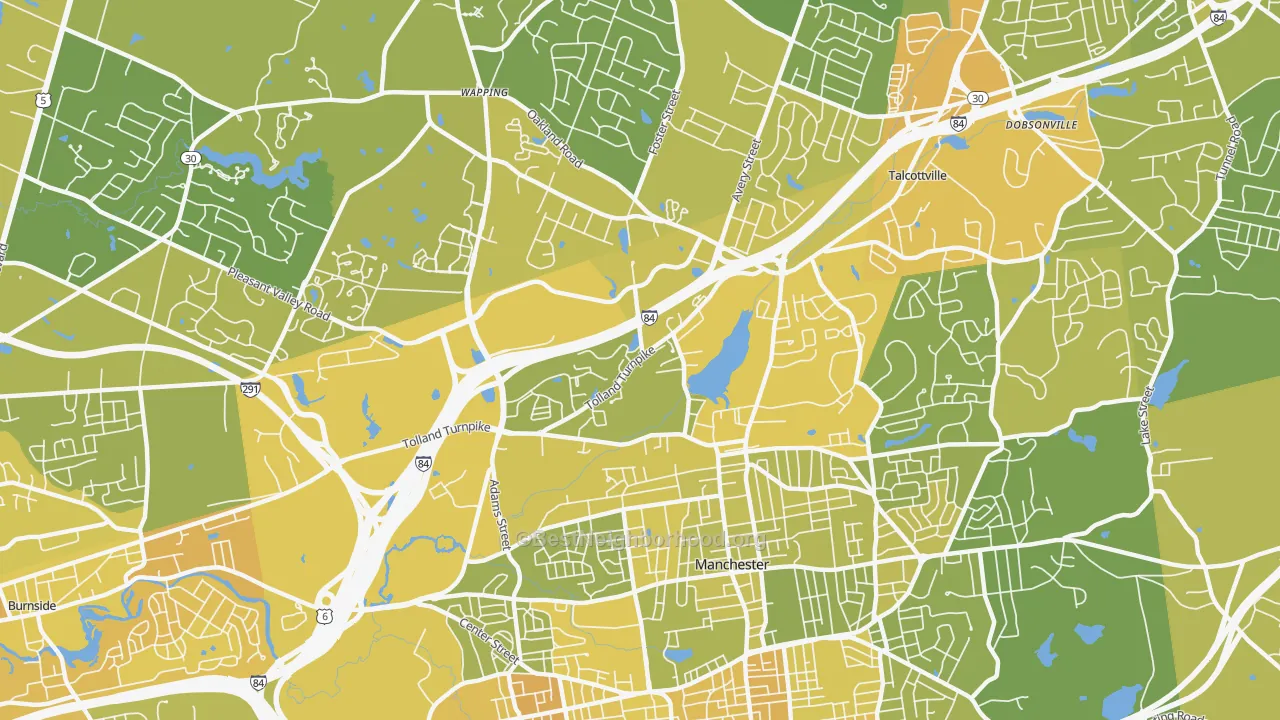 Map of the best neighborhoods in the Robertson, Oakland area, with better matches in green and worse matches in red