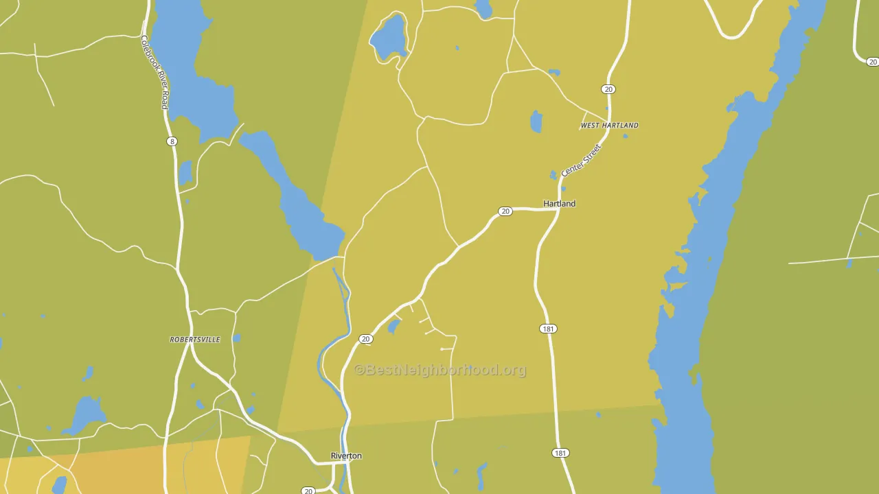 Map of the best neighborhoods in the Robertsville area, with better matches in green and worse matches in red