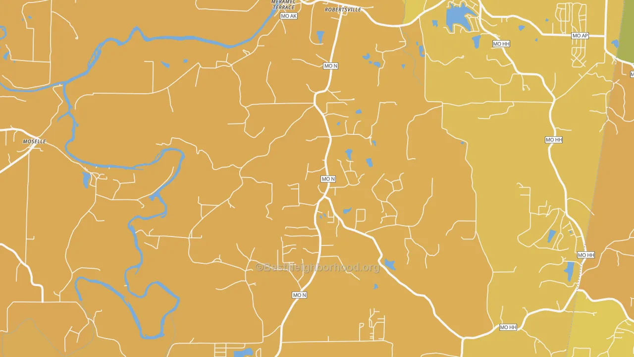 Map of the best neighborhoods in the Robertsville area, with better matches in green and worse matches in red