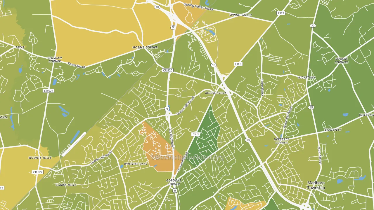 Map of the best neighborhoods in the Robertsville area, with better matches in green and worse matches in red