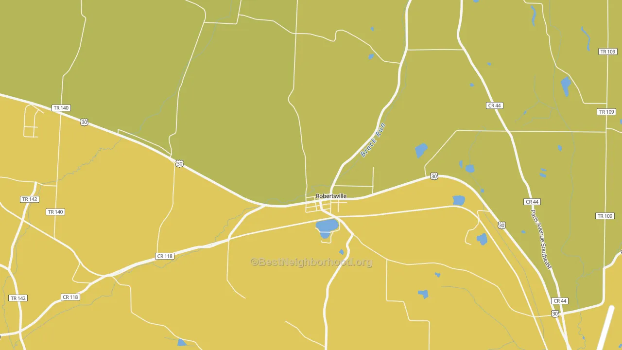 Map of the best neighborhoods in the Robertsville area, with better matches in green and worse matches in red