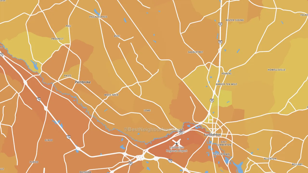 Map of the best neighborhoods in the Robeson County area, with better matches in green and worse matches in red