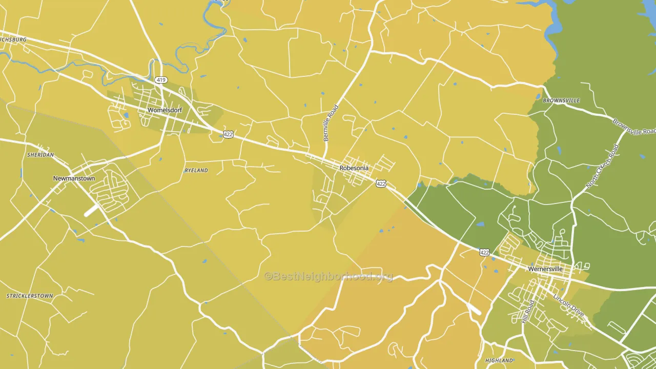 Map of the best neighborhoods in the Robesonia area, with better matches in green and worse matches in red