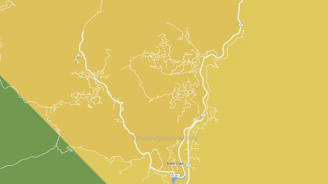 Map of the best neighborhoods in the Robie Creek area, with better matches in green and worse matches in red