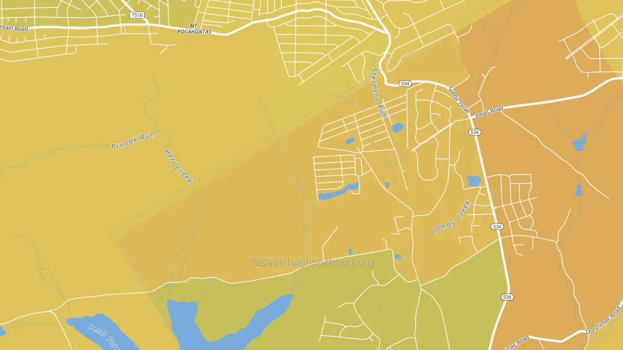 Map of the best neighborhoods in the Robin Hood Lakes area, with better matches in green and worse matches in red