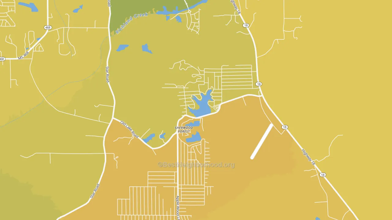 Map of the best neighborhoods in the Robinhood area, with better matches in green and worse matches in red