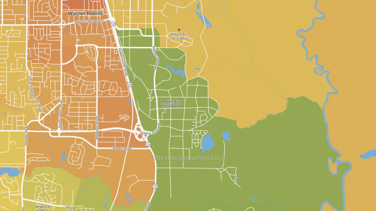 Map of the best neighborhoods in the Robins AFB area, with better matches in green and worse matches in red