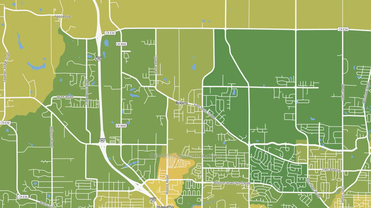 Map of the best neighborhoods in the Robins area, with better matches in green and worse matches in red