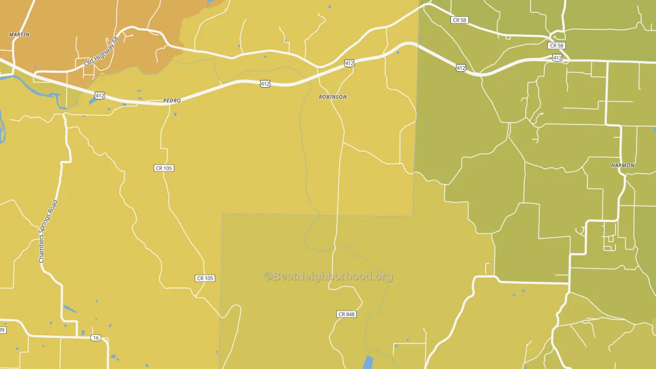 Map of the best neighborhoods in the Robinson area, with better matches in green and worse matches in red