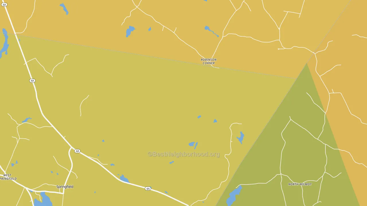 Map of the best neighborhoods in the Robinson Corner area, with better matches in green and worse matches in red