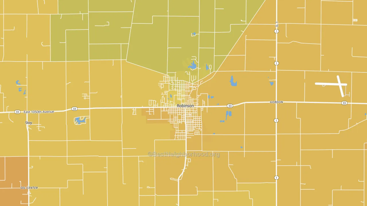 Map of the best neighborhoods in the Robinson area, with better matches in green and worse matches in red