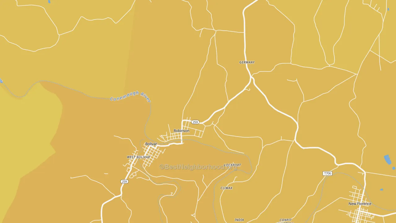 Map of the best neighborhoods in the Robinson area, with better matches in green and worse matches in red