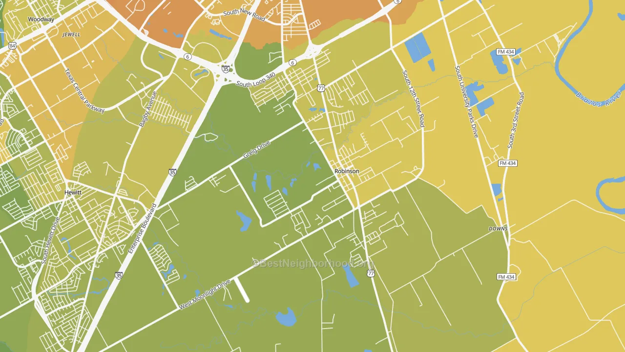 Map of the best neighborhoods in the Robinson area, with better matches in green and worse matches in red