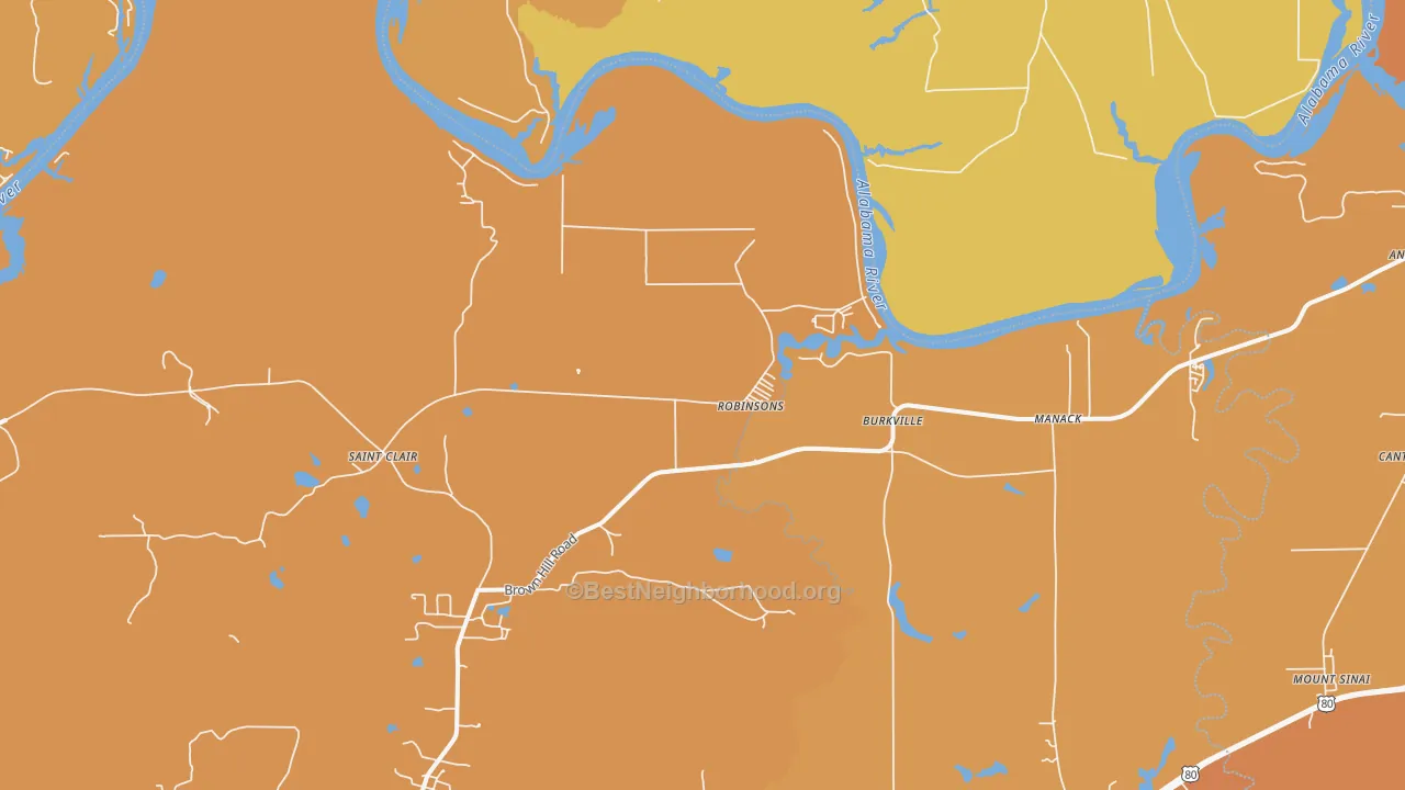 Map of the best neighborhoods in the Robinsons area, with better matches in green and worse matches in red