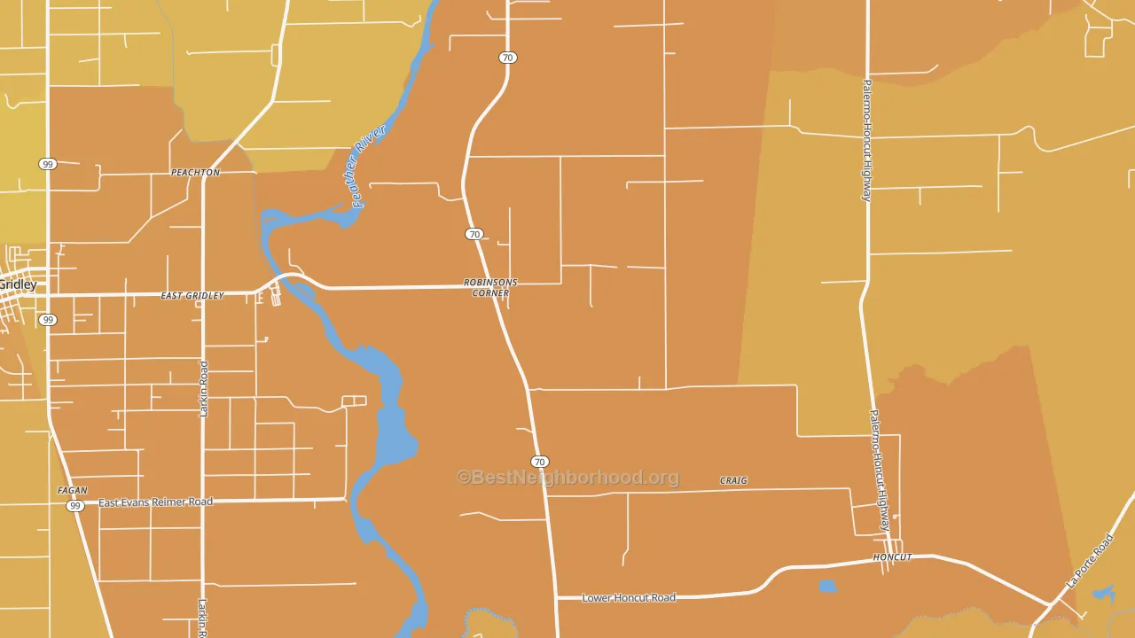 Map of the best neighborhoods in the Robinsons Corner area, with better matches in green and worse matches in red