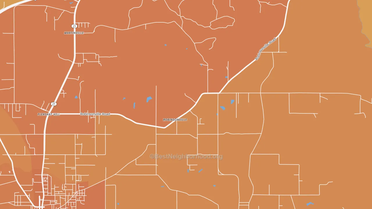 Map of the best neighborhoods in the Robinsonville area, with better matches in green and worse matches in red