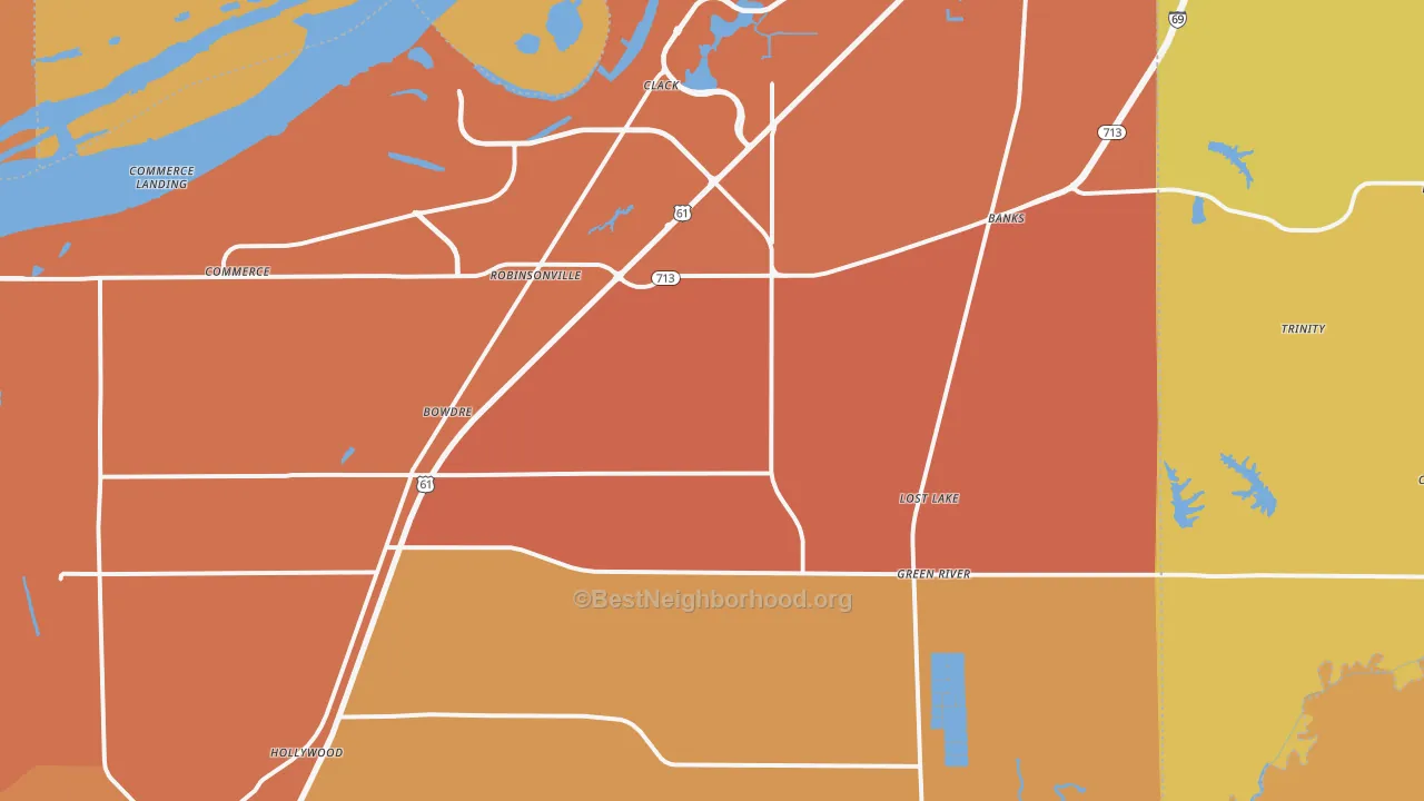 Map of the best neighborhoods in the Robinsonville area, with better matches in green and worse matches in red
