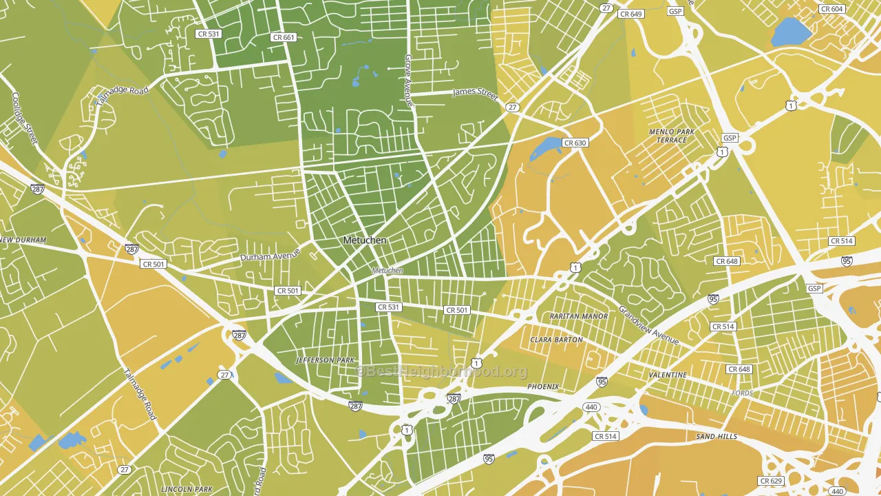 Map of the best neighborhoods in the Robinvale, Metuchen area, with better matches in green and worse matches in red