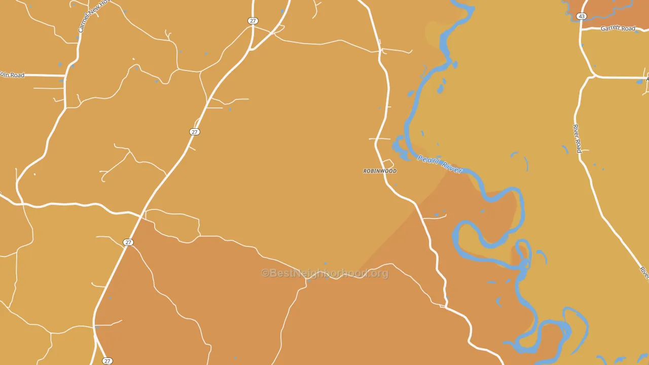 Map of the best neighborhoods in the Robinwood area, with better matches in green and worse matches in red