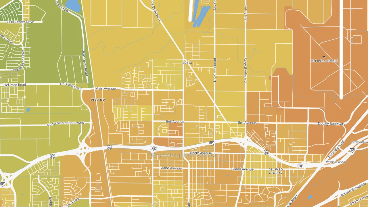 Map of the best neighborhoods in the Robla, Sacramento area, with better matches in green and worse matches in red