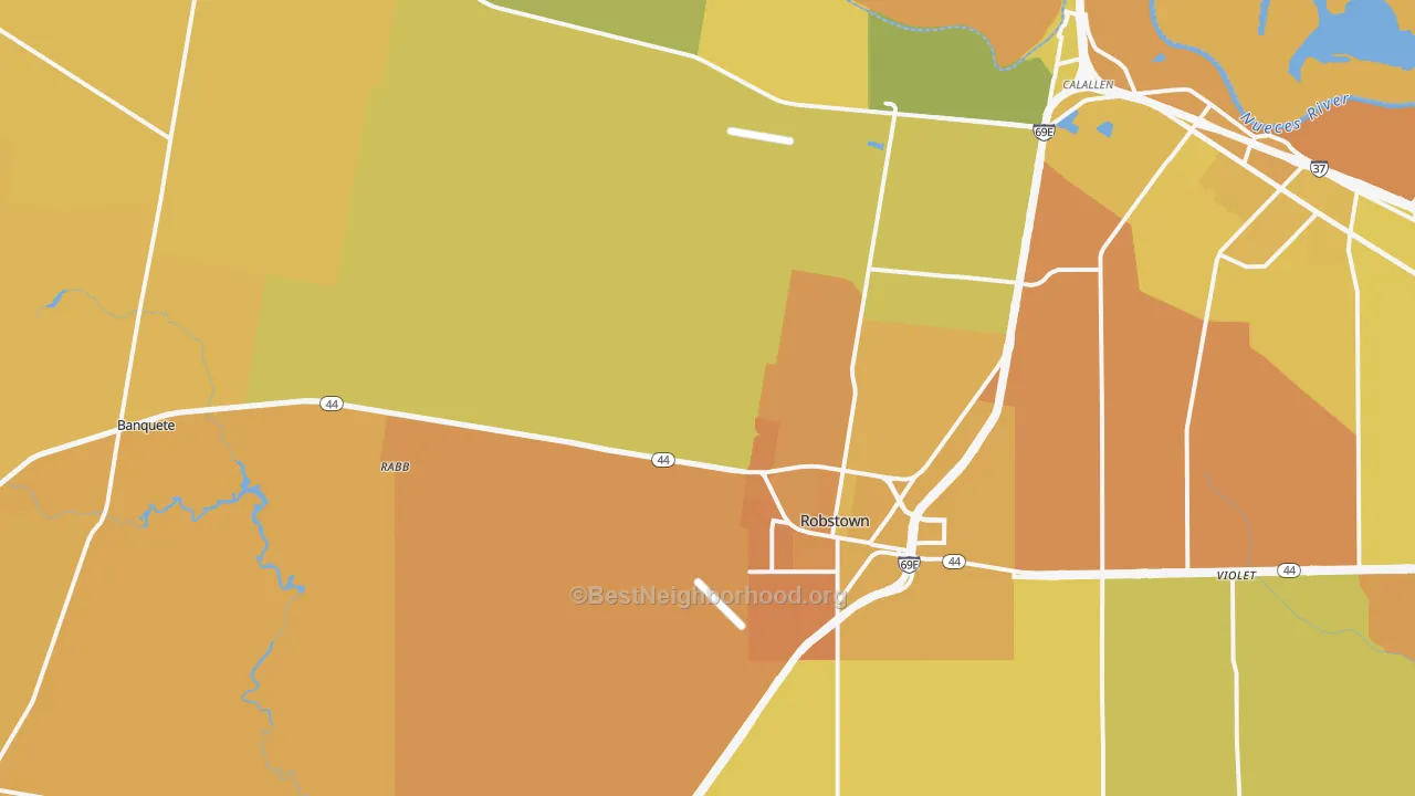 Map of the best neighborhoods in the Robstown area, with better matches in green and worse matches in red