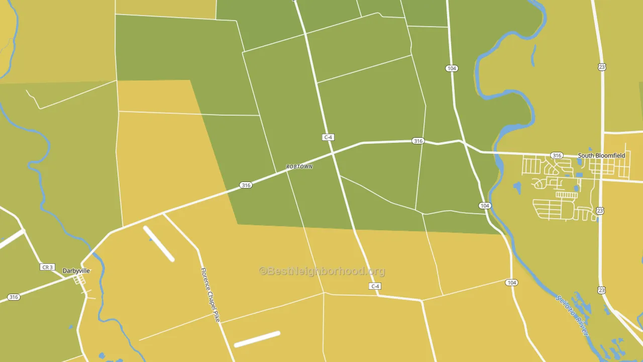 Map of the best neighborhoods in the Robtown area, with better matches in green and worse matches in red