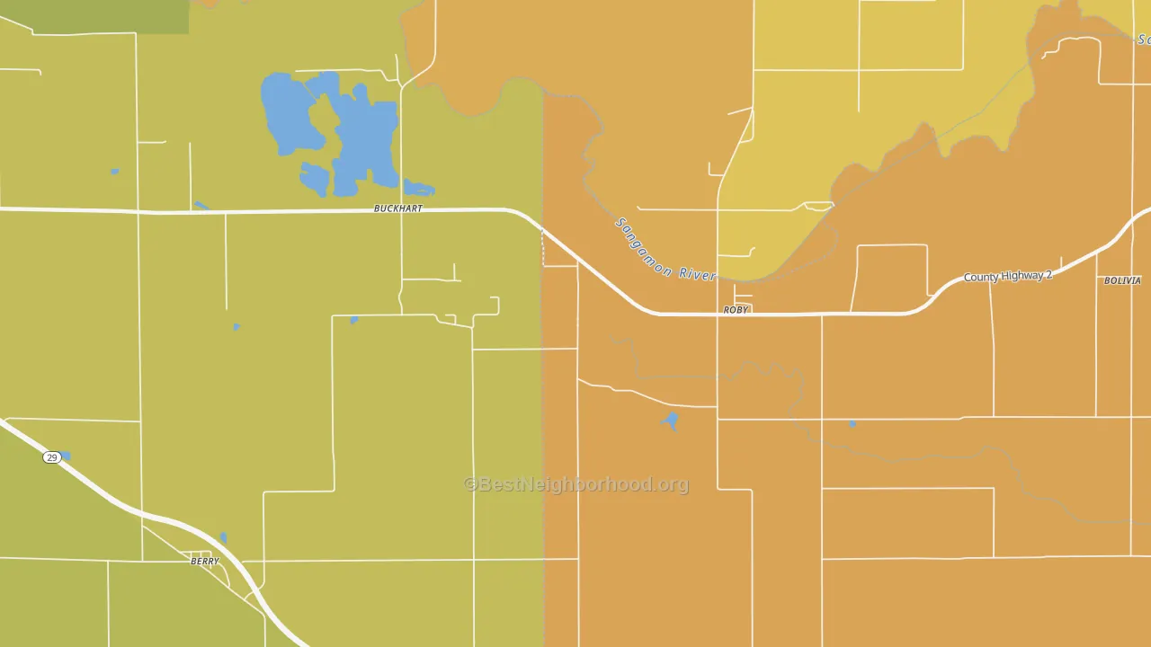 Map of the best neighborhoods in the Roby area, with better matches in green and worse matches in red