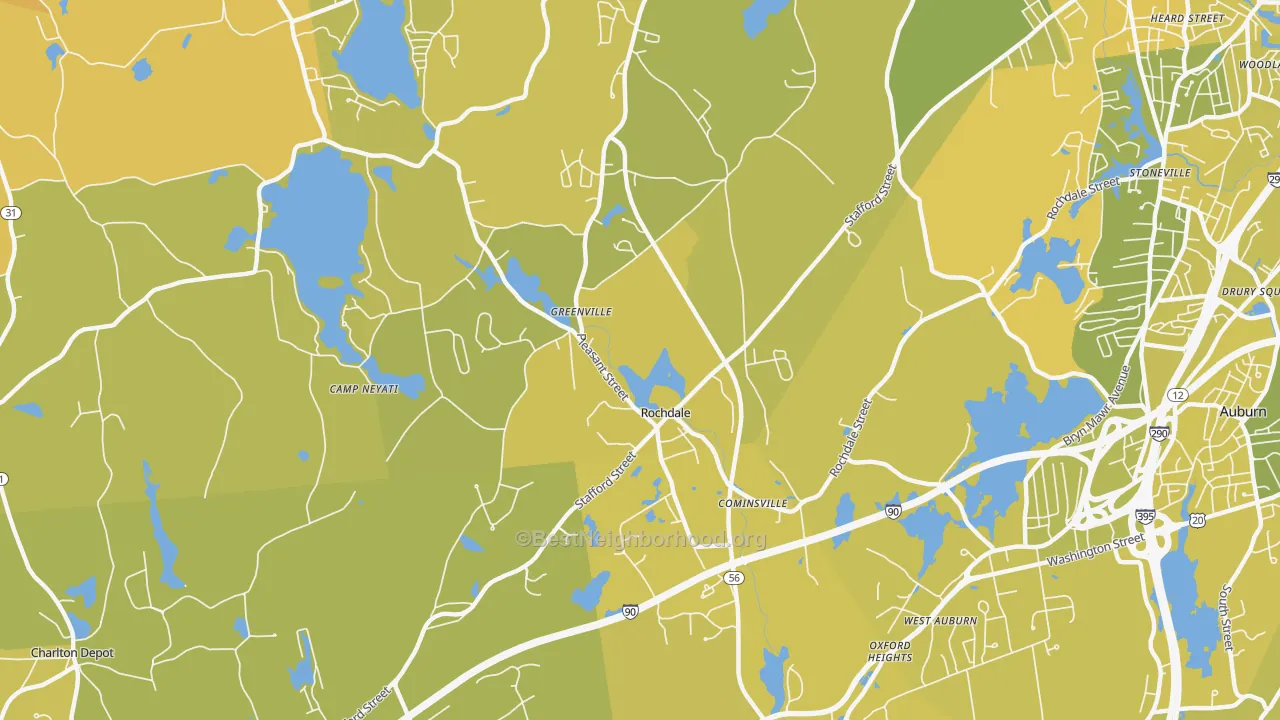 Map of the best neighborhoods in the Rochdale area, with better matches in green and worse matches in red