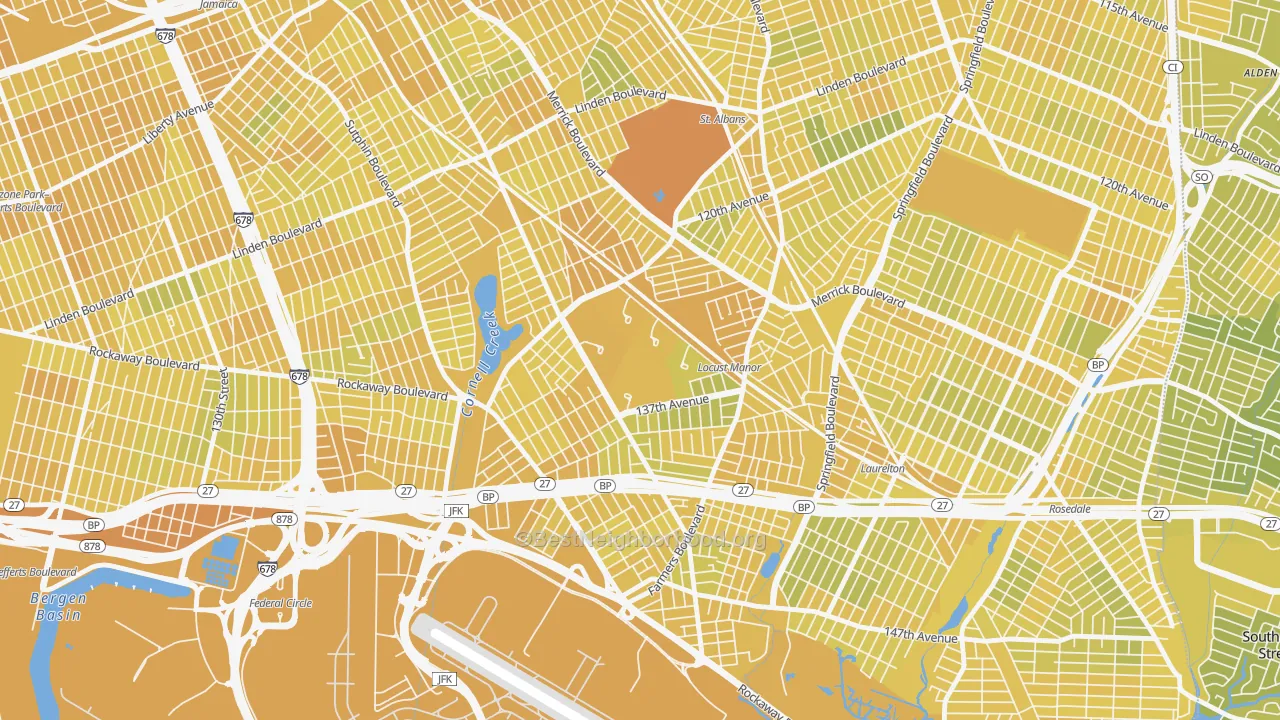 Map of the best neighborhoods in the Rochdale Village, Queens area, with better matches in green and worse matches in red