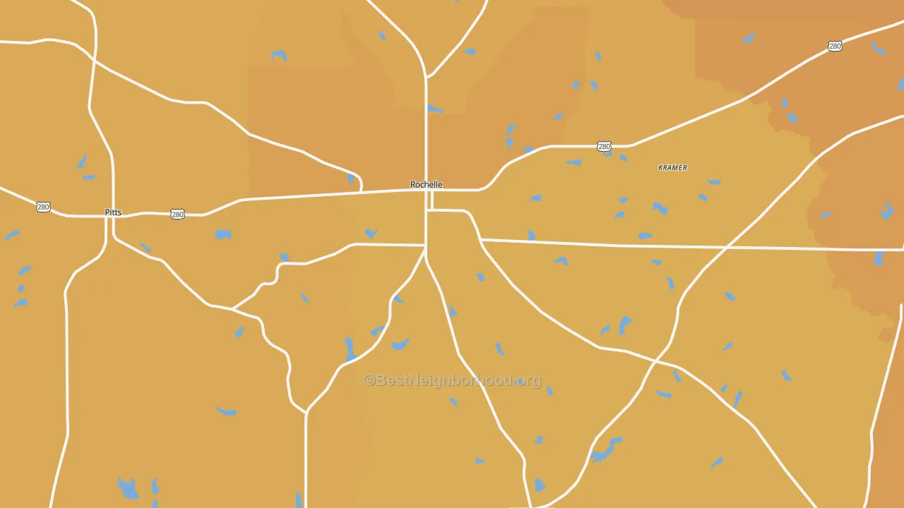 Map of the best neighborhoods in the Rochelle area, with better matches in green and worse matches in red