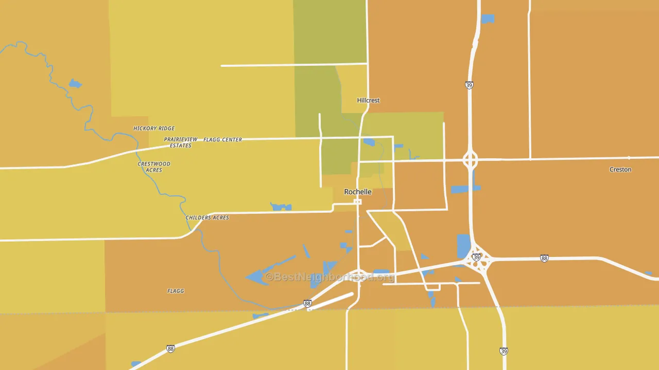 Map of the best neighborhoods in the Rochelle area, with better matches in green and worse matches in red