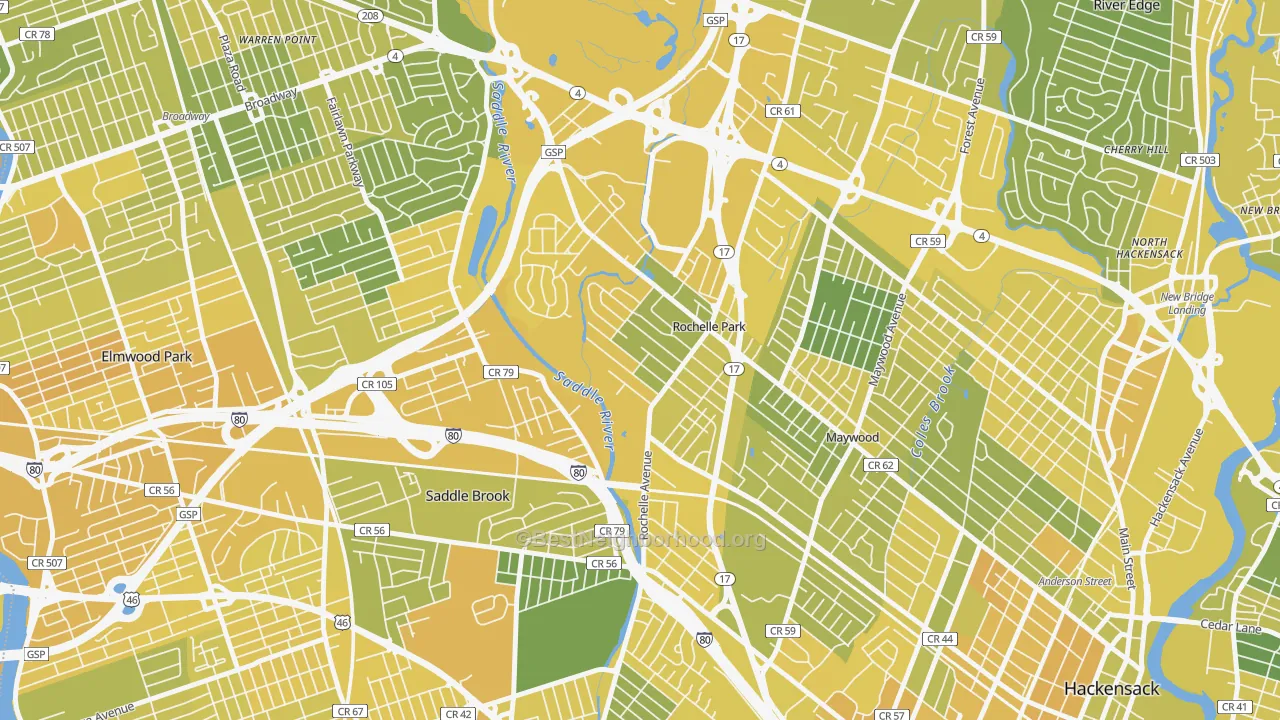 Map of the best neighborhoods in the Rochelle Park area, with better matches in green and worse matches in red