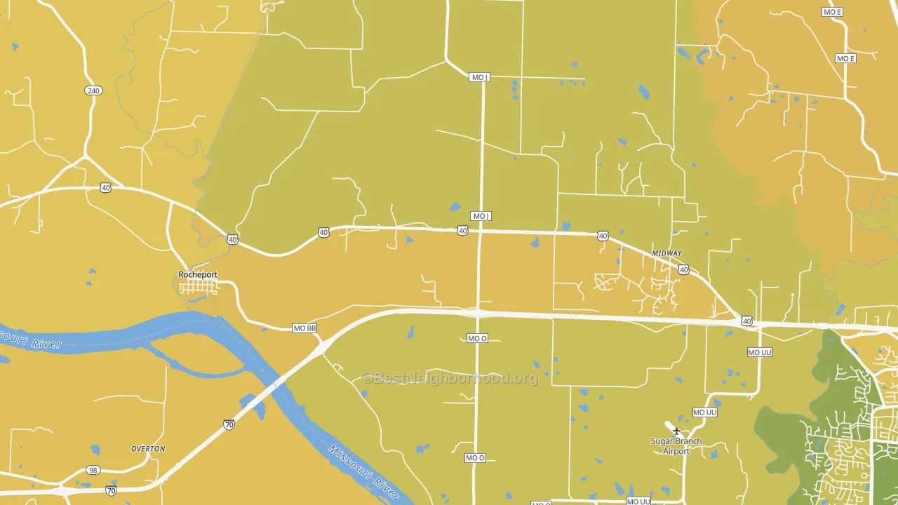 Map of the best neighborhoods in the Rocheport area, with better matches in green and worse matches in red