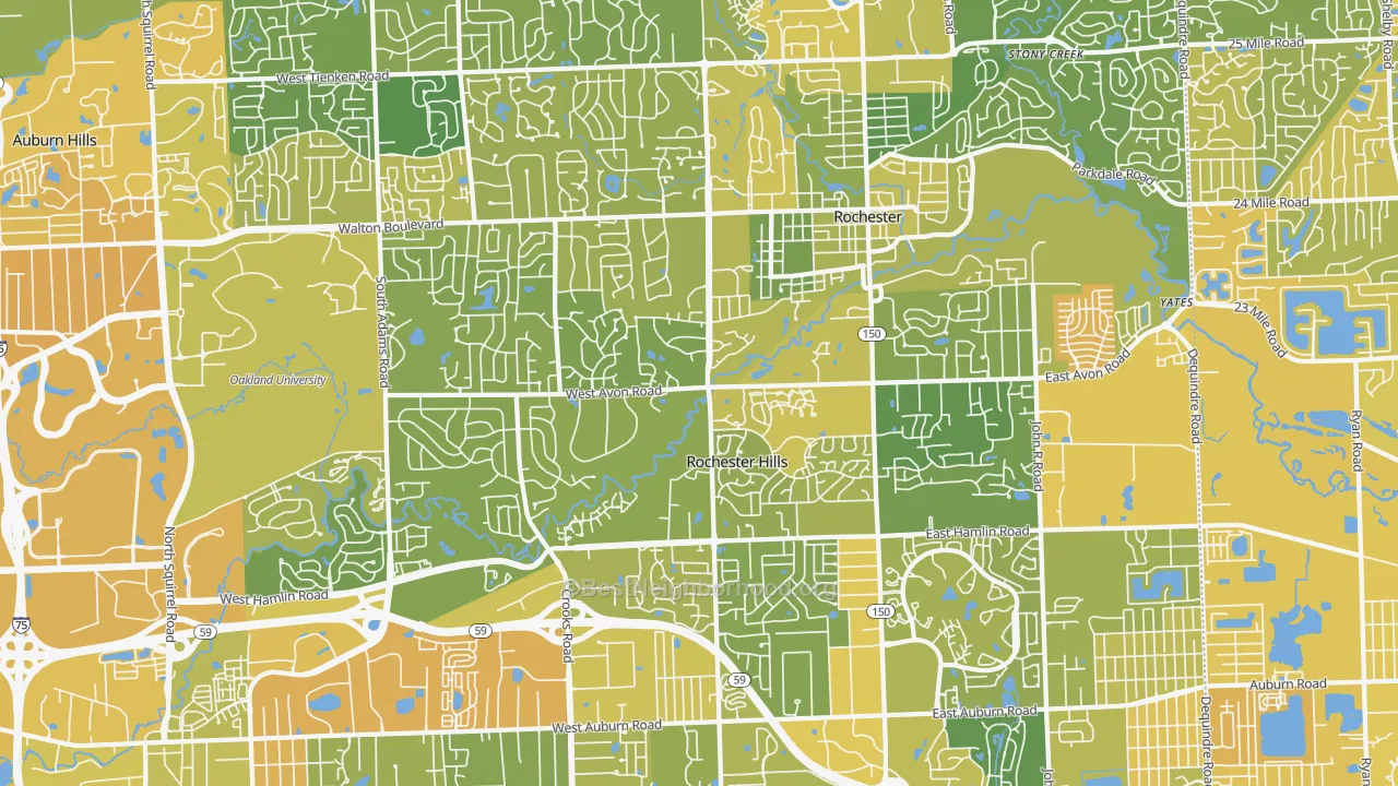 Map of the best neighborhoods in the Rochester Hills area, with better matches in green and worse matches in red