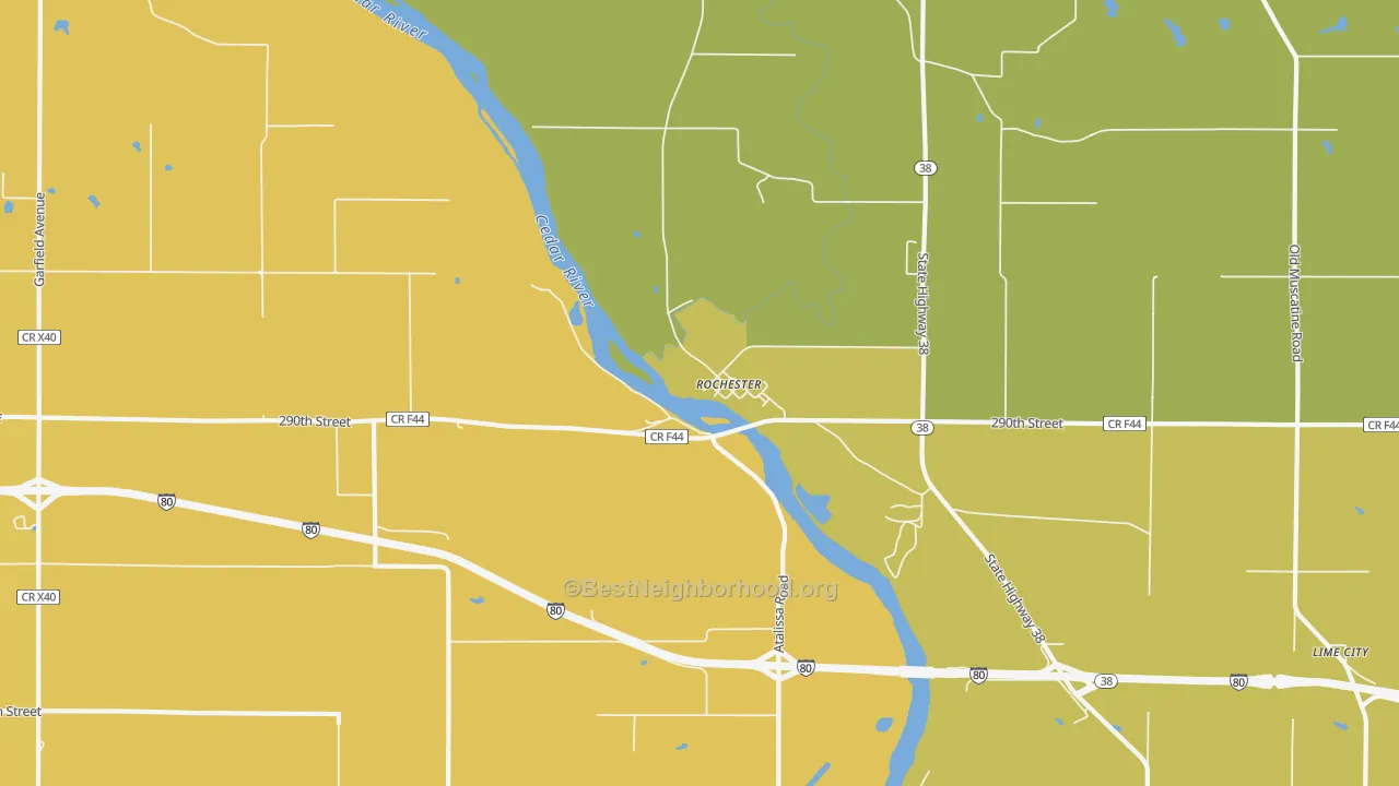 Map of the best neighborhoods in the Rochester area, with better matches in green and worse matches in red