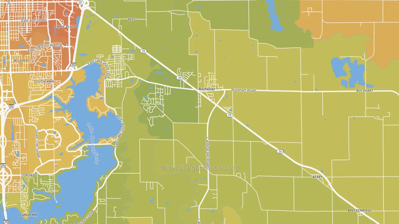 Map of the best neighborhoods in the Rochester area, with better matches in green and worse matches in red