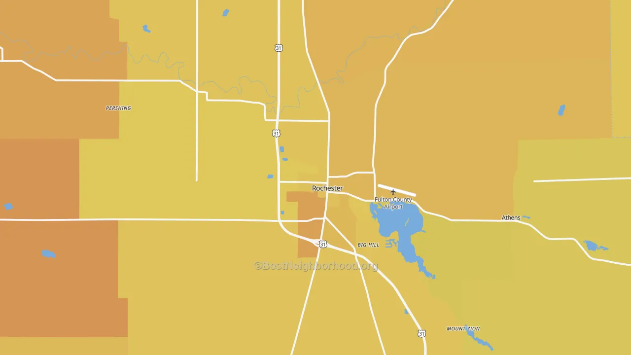 Map of the best neighborhoods in the Rochester area, with better matches in green and worse matches in red