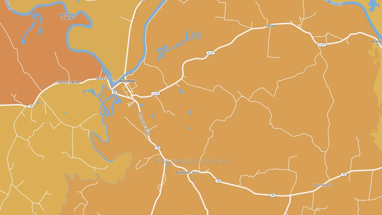 Map of the best neighborhoods in the Rochester area, with better matches in green and worse matches in red