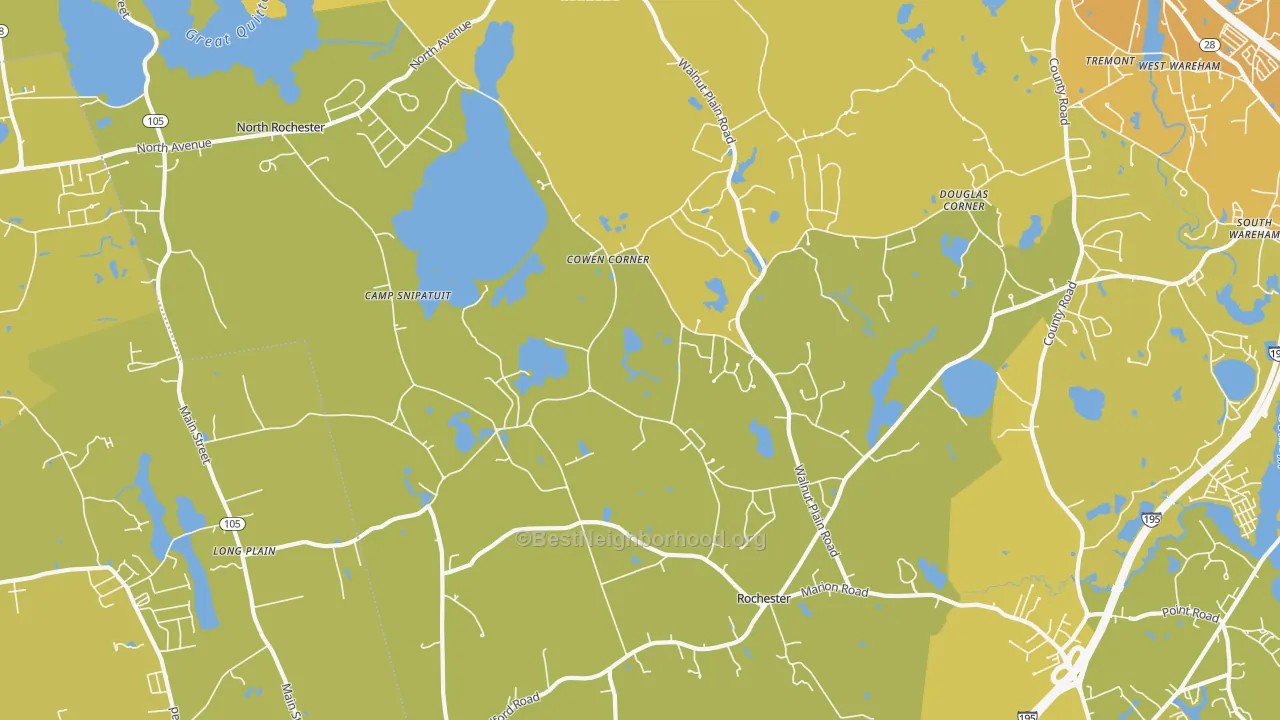 Map of the best neighborhoods in the Rochester area, with better matches in green and worse matches in red