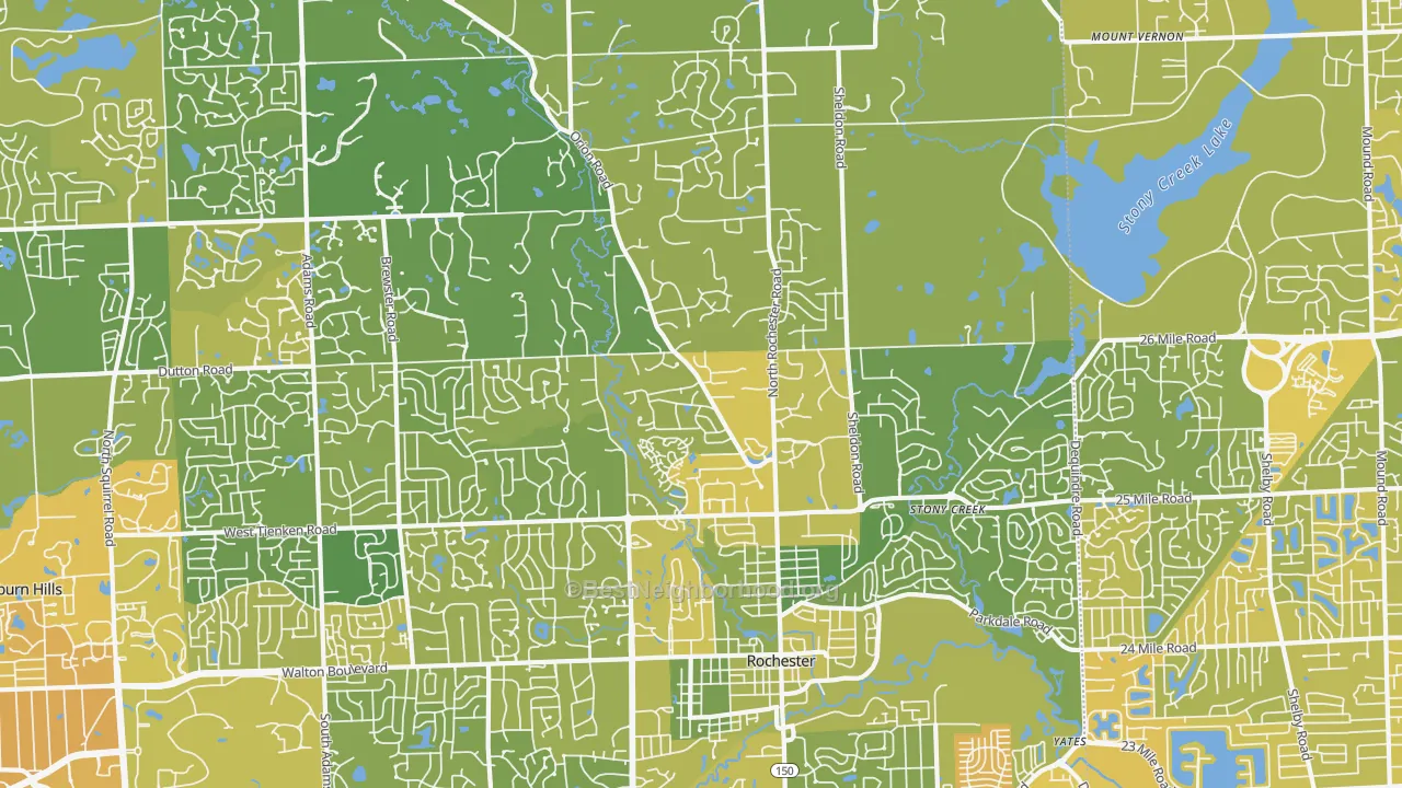 Map of the best neighborhoods in the Rochester area, with better matches in green and worse matches in red