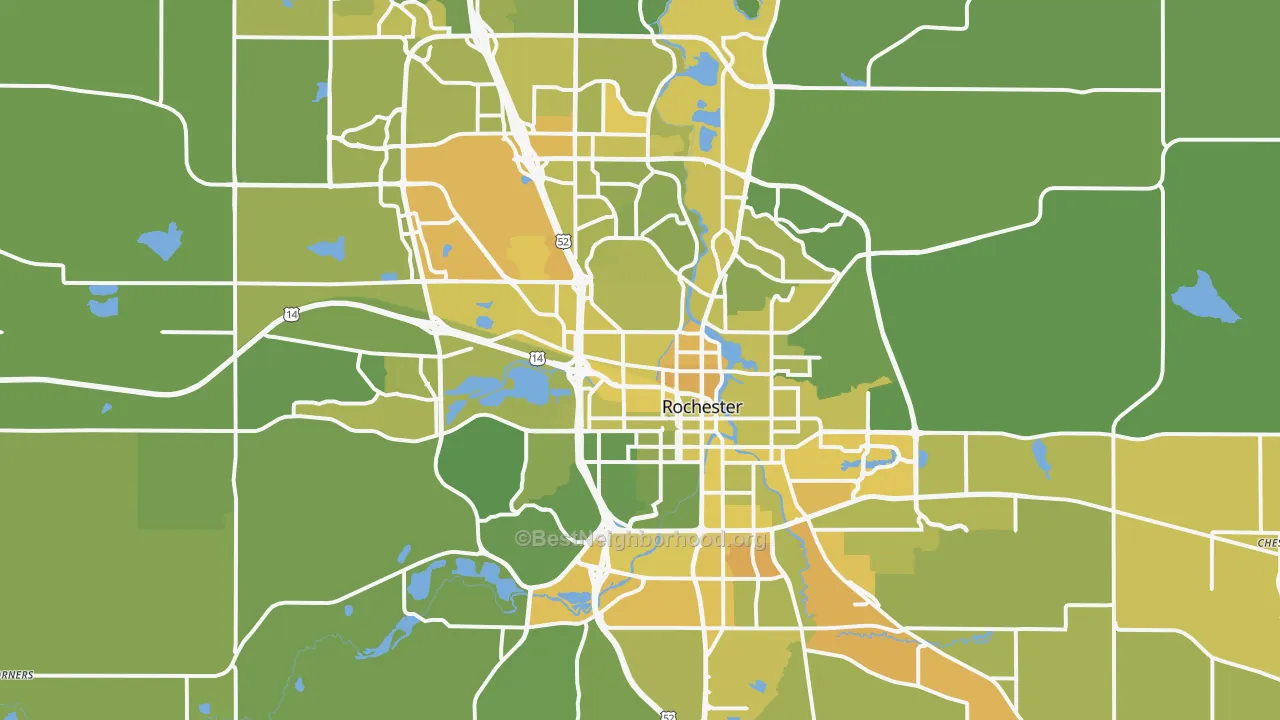 Map of the best neighborhoods in the Rochester Metro area, with better matches in green and worse matches in red