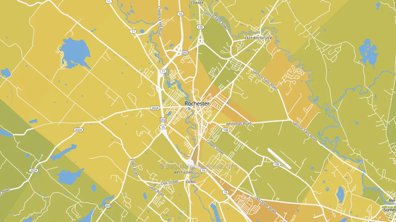 Map of the best neighborhoods in the Rochester area, with better matches in green and worse matches in red