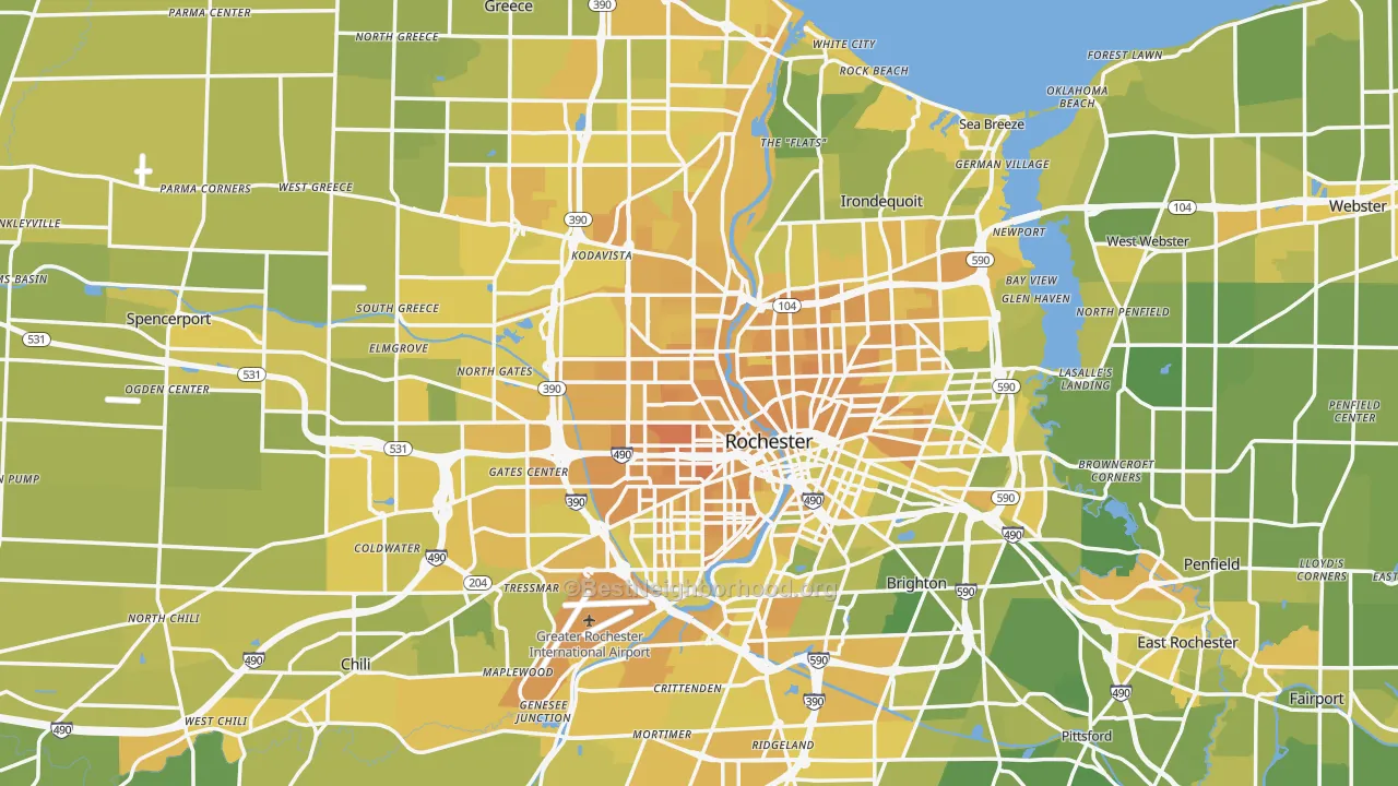 Map of the best neighborhoods in the Rochester Metro area, with better matches in green and worse matches in red
