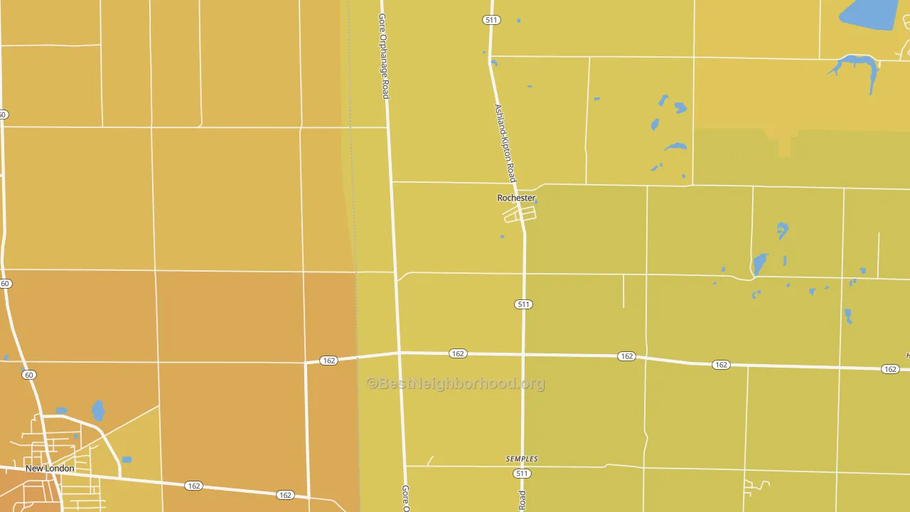 Map of the best neighborhoods in the Rochester area, with better matches in green and worse matches in red